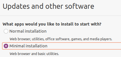 Ubuntu 20.04, minimal installation selected during installation.