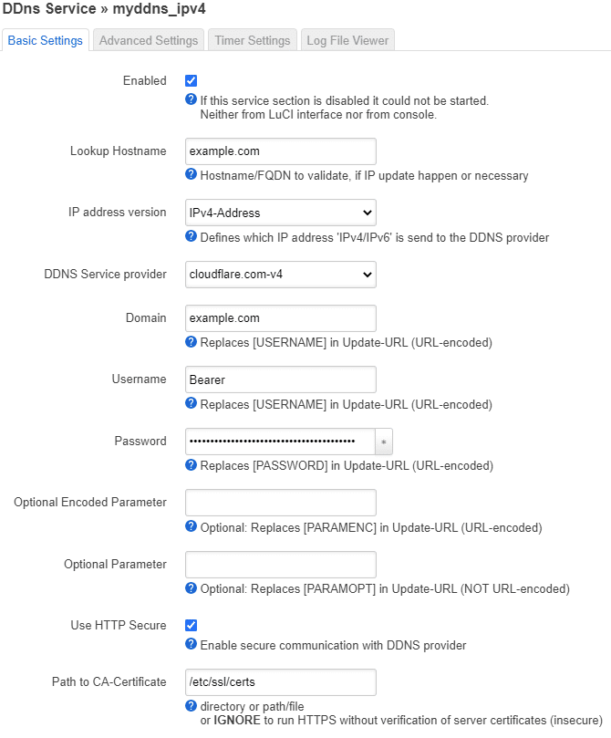 Example of how the page might look when you have entered your settings.